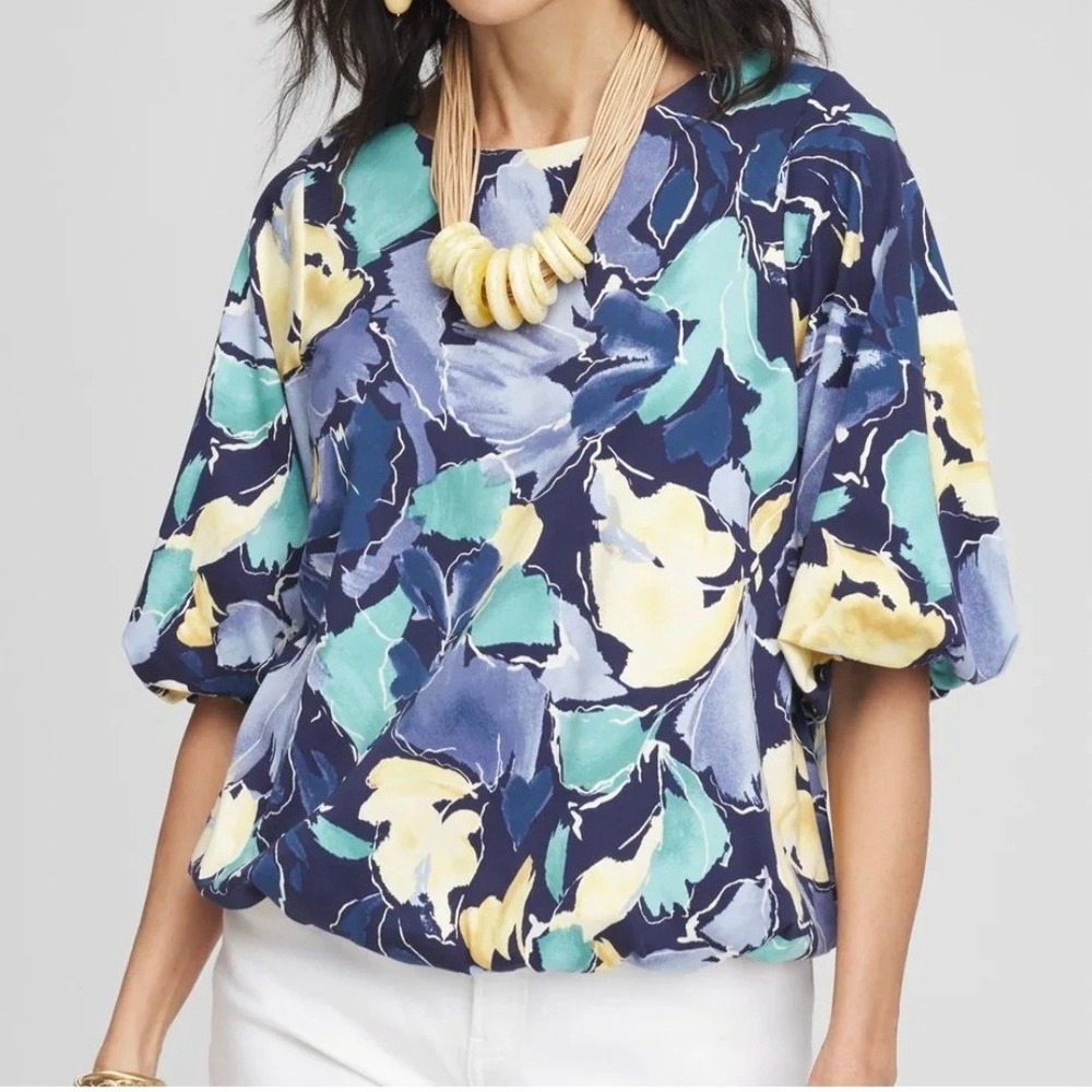 Chicos Bubble Hem Tee Passport Blue Floral Cotton Knit Top 570380864 Size 2